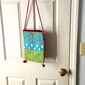Boho Cross body purse, embroidered,  brilliant colors, 12 in tall, 8.5 in wide,